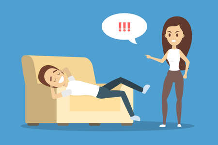 Angry woman yelling at her boyfriend. Man lying on couch in relax. Couple fight and argue. Flat vector illustrationのイラスト素材