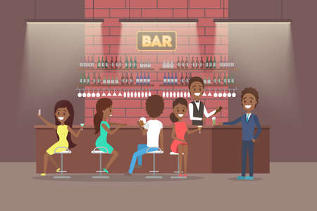 Bar or cafe with alcohol drinks. Beer and wine. Pub interior with visitor. Flat vector illustrationのイラスト素材