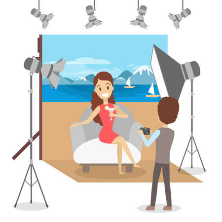 Beautiful woman in red dress making photoshoot on the nature background. Various equipment such as softbox and camera. Isolated flat vector illustrationのイラスト素材