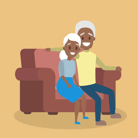 Old couple. Cute elderly character happy together. Grandmother and grandfather in love hug sitting on the couch. Isolated flat vector illustrationのイラスト素材