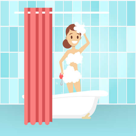 Young woman take shower in the bathroom. Female character standing under the water behind curtain. Everyday routine and hygiene. Isolated flat vector illustrationのイラスト素材