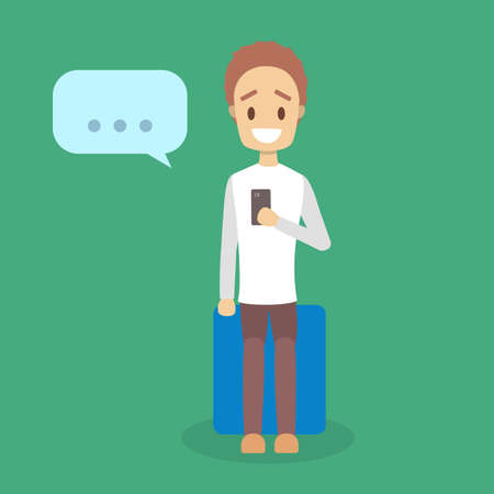 Man using mobile phone. Teen communicate with friends through social networks using smartphones. Internet addiction. Isolated flat vector illustrationのイラスト素材