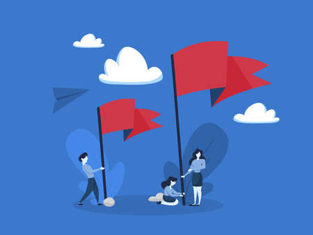 People standing and holding big red flag. Metaphor of achievement and leadership. Flat vector illustrationのイラスト素材