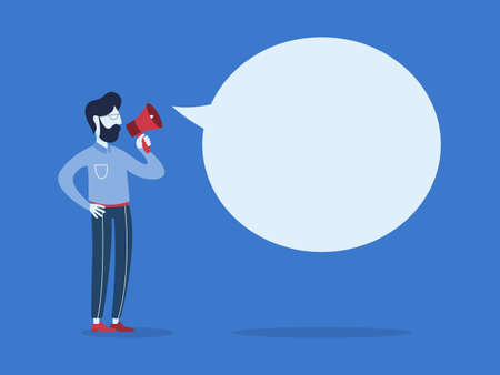Businessman announce information using megaphone. Business advertisement. Message in speech bubble. Flat vector illustrationのイラスト素材