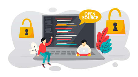 Open source concept. Free software for the computer. Download and install file for free. Flat vector illustrationのイラスト素材