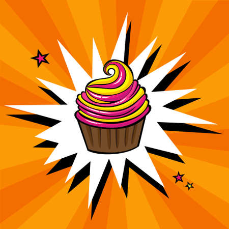 Sweet cupcake in a pop art style. Delicious dessert with cream for vintage birthday party. Vector flat illustrationのイラスト素材