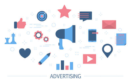 Product advertising concept. Digital and outdoor ads. Commercial advertisement in social media and communication with customer. Set of colorful icons. Isolated flat vector illustrationのイラスト素材