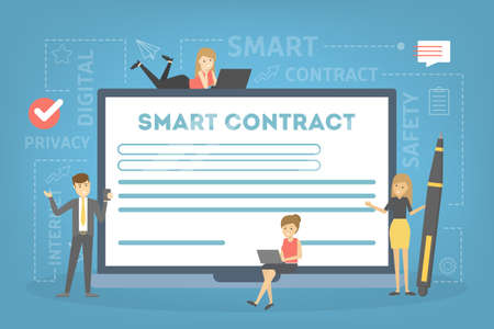 Smart contract concept. Digital business document with electronic signature on it. Modern technology and blockchain. Isolated flat vector illustrationのイラスト素材