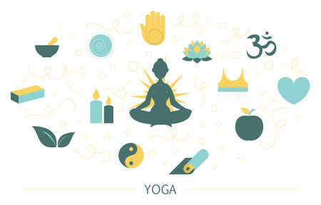 Yoga concept. Fitness and lotus pose. Healthy exercise and relax. Meditation for mind wellness. Set of colorful icons. Isolated flat vector illustrationのイラスト素材