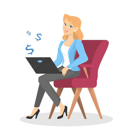 Happy freelancer character working at home on laptopのイラスト素材