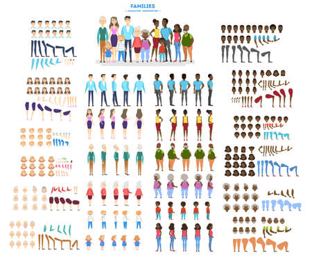 Big family character set for the animation with various views, hairstyle, emotion, pose and gesture. African american mother, father and children. Isolated vector illustration in cartoon styleのイラスト素材