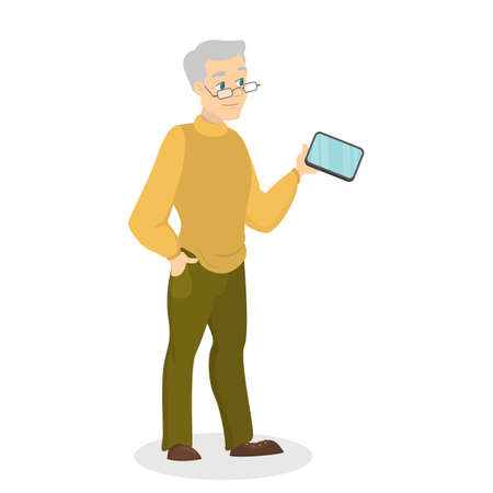 Old man with mobile phone. Person in senior age use smartphone for communication and internet connection. Isolated vector illustration in cartoon styleのイラスト素材