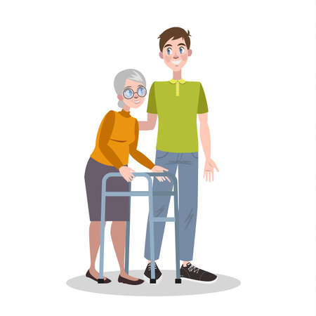 Young volunteer help old woman. Care and support for senior. Social help. Isolated flat vector illustrationのイラスト素材