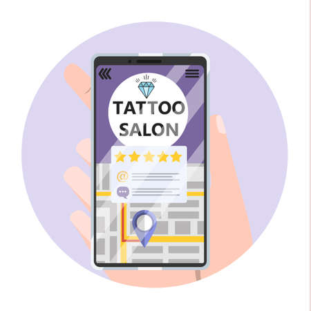 Searching for tattoo studio and artist. Consultation in studio with specialist, finding creative sketch. Isolated flat vector illustrationのイラスト素材