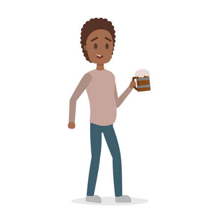 Drunk man with alcohol addiction with cup of beer. Male character addict to unhealthy habit. Vector flat illustrationのイラスト素材