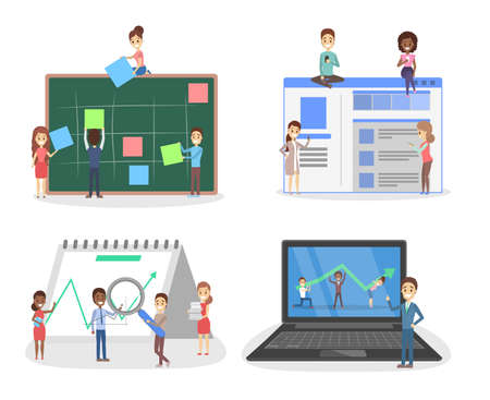 Business people are working together concept set. Make up strategy and get achievement. Work process. Isolated flat vector illustrationのイラスト素材