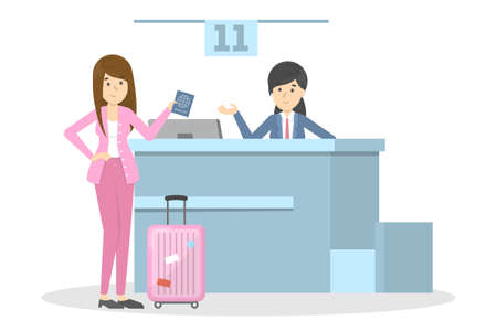 Woman standing in the airport at check-in counter. Passenger with baggage. Idea of tourism and transportation. Isolated vector flat illustrationのイラスト素材