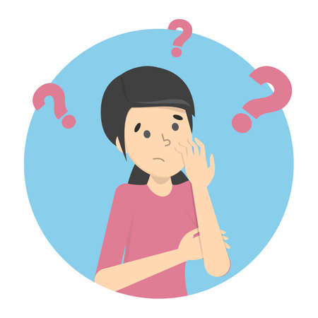 Woman in confusion and question mark around. Girl in doubt. Hard choice. Isolated flat vector illustrationのイラスト素材