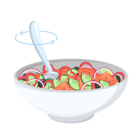 Greek salad in a bowl. Organic healthy food. Cucumber and tomato, feta cheese and pepper with salt and oregano. Mix ingredients with spoon. Isolated flat vector illustrationのイラスト素材