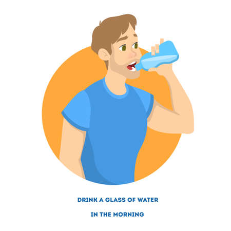 Young man holding a bottle of fresh cold water and drink. Male character with healthy lifestyle and water balance. Vector illustration in cartoon styleのイラスト素材