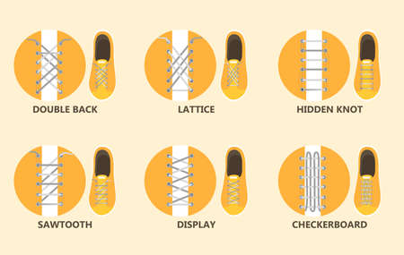 How to tie your shoe laces in different ways instruction. Guide for child step-by-step. Isolated flat vector illustrationのイラスト素材