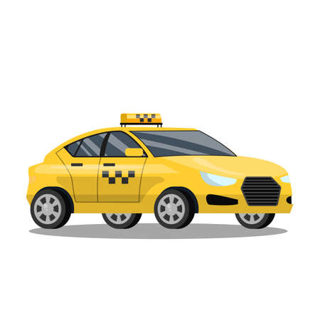 Yellow taxi car. Automobile cab with driver inside. Idea of transportation. Isolated flat vector illustrationのイラスト素材