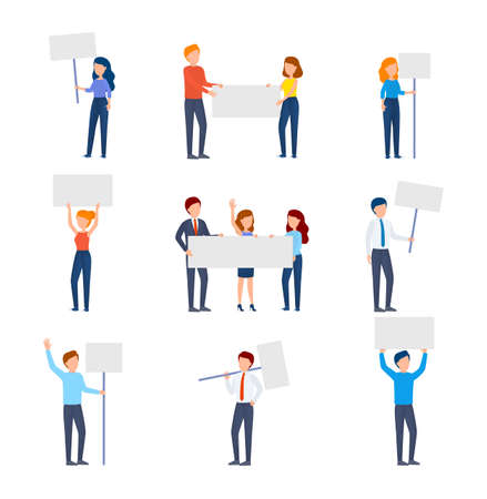 People with banner on demonstration. Set of person with blank poster on protest. Activist collection. Isolated flat vector illustrationのイラスト素材