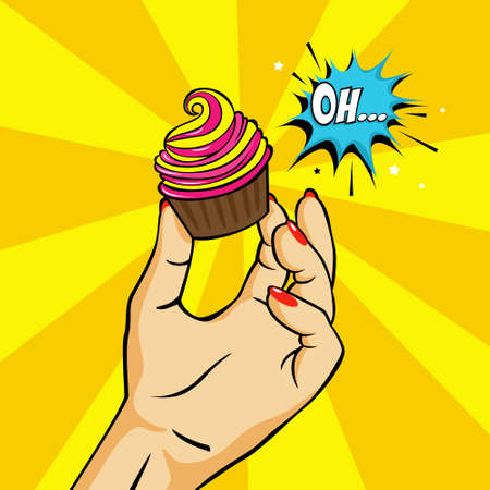 Hand hold sweet cupcake in a pop art style. Delicious dessert with cream for vintage birthday party....