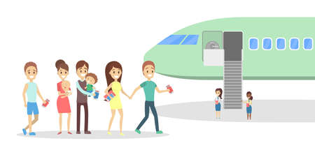 People stand at the plane in airport. Board on the airplane. Idea of air transportation. Flat vector illustrationのイラスト素材