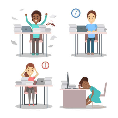 People work late at night set. Tired office character sleeping at the workplace. Idea of deadline. Flat vector illustrationのイラスト素材