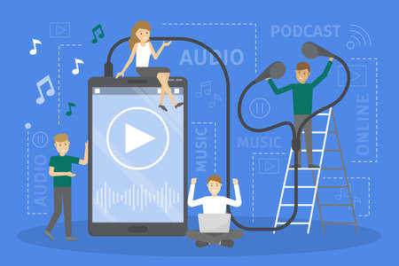 People standing at big smartphone and listen to the music in headphones. Mobile phone as a player. Modern technology concept. Vector flat illustrationのイラスト素材