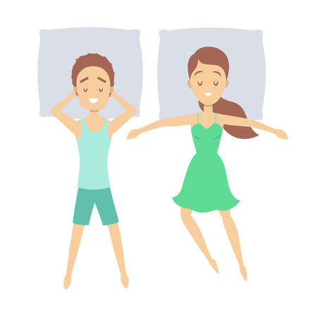 Couple sleep in different position. Female character in the bed on pillow. Resting in bedroom. Isolated flat vector illustrationのイラスト素材