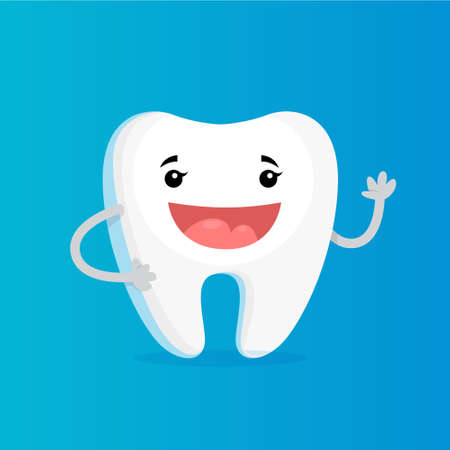Happy white shiny tooth. Idea of dental care and oral hygiene. Healthy molar. Funny character. Isolated flat vector illustrationのイラスト素材