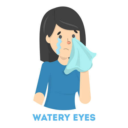 Girl in tears. Symptom of flu or cold. Female character with watery eyes. Sad girl. Flat vector illustrationのイラスト素材