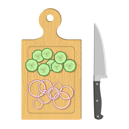 Cutting food on the wooden board with sharp knife. Fresh cucumber and onion slice. Prepare healthy meal on the kitchen. Isolated vector illustrationのイラスト素材