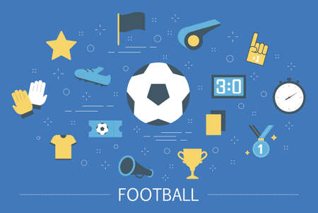Soccer or football concept. Set of football icons, trophy cup, uniform, ball, stadium and other. Championship and world competition. Isolated line vector illustrationのイラスト素材
