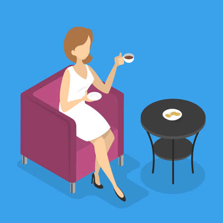 Young female character in green dress sitting in armchair and waiting. Woman relax in comfort with coffee and dessert. Isolated vector isometric illustrationのイラスト素材