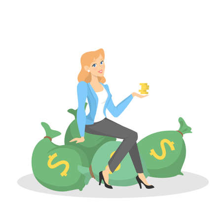 Businesswoman with money. Happy successfull woman sitting around bag with money banknotes. Financial well-being. Isolated vector illustration in cartoon styleのイラスト素材