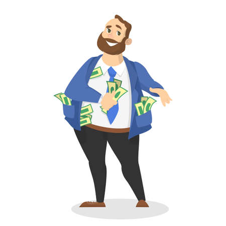 Businessman with money. Happy successfull man hold a pile of money banknotes. Financial well-being. Isolated vector illustration in cartoon styleのイラスト素材