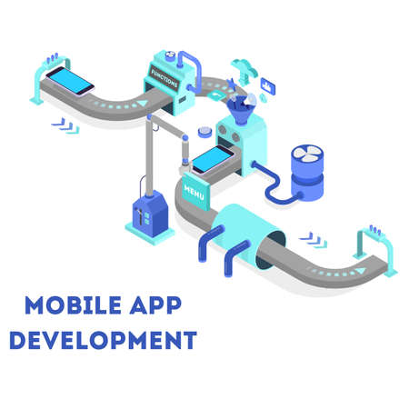 Mobile app development concept. Modern technology and smartphone interface design. Application building and programming. Vector isometric illustrationのイラスト素材