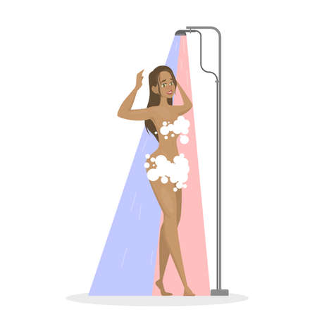 Young woman take shower in the bathroom. Female character standing under the water. Everyday routine and hygiene. Isolated flat vector illustrationのイラスト素材