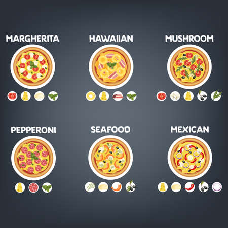 Pizza of different types set. Margherita and pepperoni, hawaii and seafood. Italian food with cheese. Isolated flat vector illustrationのイラスト素材