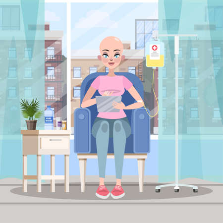 Woman with cancer working on laptop computer remotely. Chemotherapy and oncology disease concept....