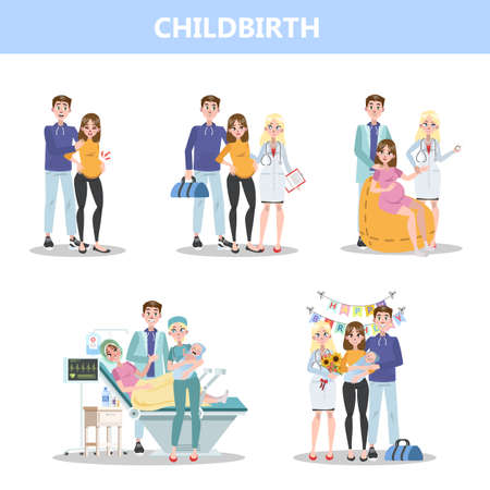 Preparing for hospital before baby birth. Woman giving birth and happy family holding newborn. Isolated flat vector illustrationのイラスト素材