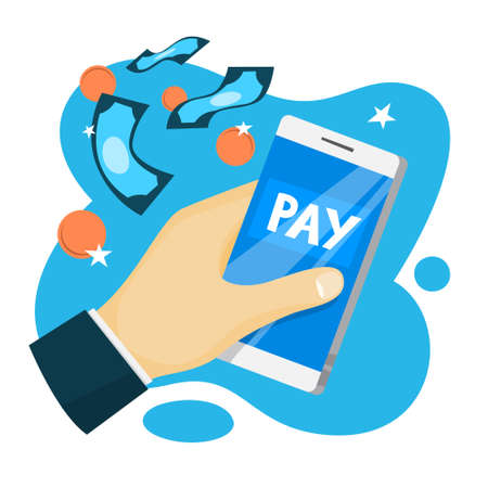 Mobile payment approved. Digital money transaction through modern device. Electronic technology concept. Vector illustration in cartoon styleのイラスト素材