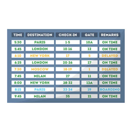 Board screen in the airport. Departure and arrival information. Digital timetable with dark display. ector flat illustrationのイラスト素材