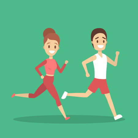 Couple of jogger run together. Sport training and exercise for health. Idea of active lifestyle. Flat vector illustrationのイラスト素材
