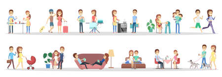 Couple on different activity set. Man and woman cooking together, walking a dog and watching TV. Young family at home. Isolated flat vector illustrationのイラスト素材