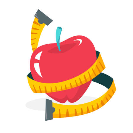 Red apple with yellow measuring tape. Idea of healthy and active lifestyle. Dieting symbol. Isolated flat vector illustrationのイラスト素材