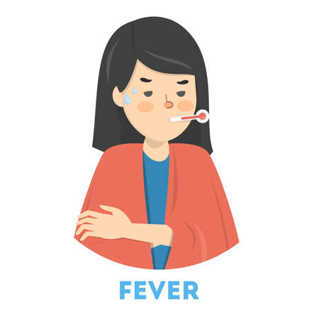 Woman with a high temperature as a symptom of flu, cold or pregnancy. Girl is unhappy and in sweat. Flat vector illustrationのイラスト素材